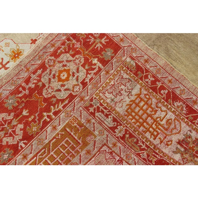 Large Antique Oushak Rug in Taupe / Light Green Background and Red Border For Sale - Image 12 of 12