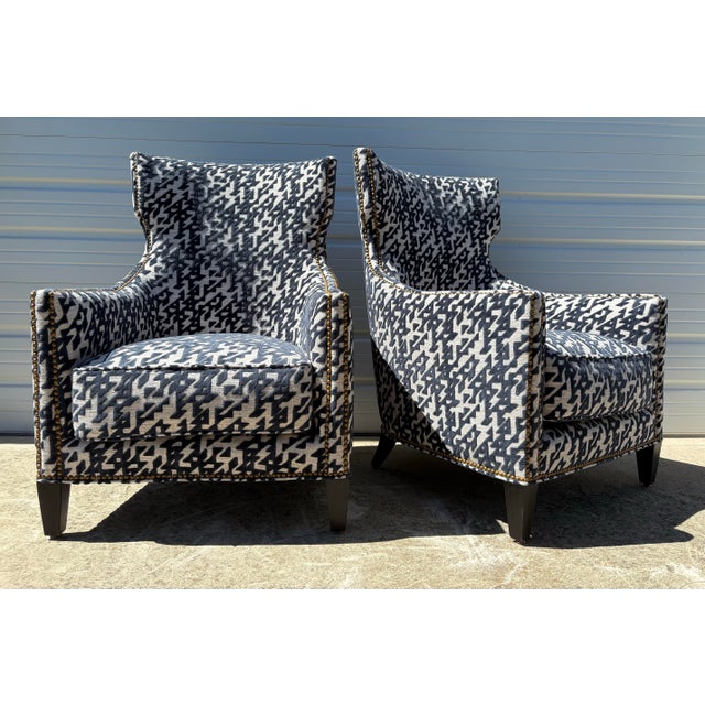 Handsome Cut Velvet Newly Upholstered Club Chairs For Sale - Image 12 of 12
