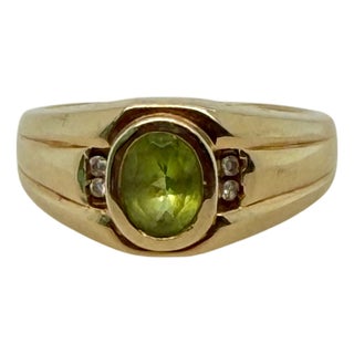 Vintage 14k Gold Men's Peridot and Diamond Ring, Circa 1950s, Size 10.5 For Sale