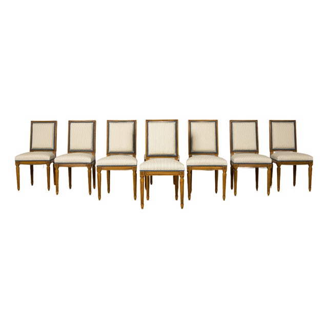 Set of Eight Late 19th Century French Louis XVI Style Dining Chairs in Blue Stripe For Sale