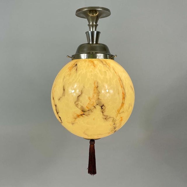Art Deco Opaline Glass and Nickel Ball Flush Mount with Tassel, Germany, 1930s For Sale - Image 16 of 18