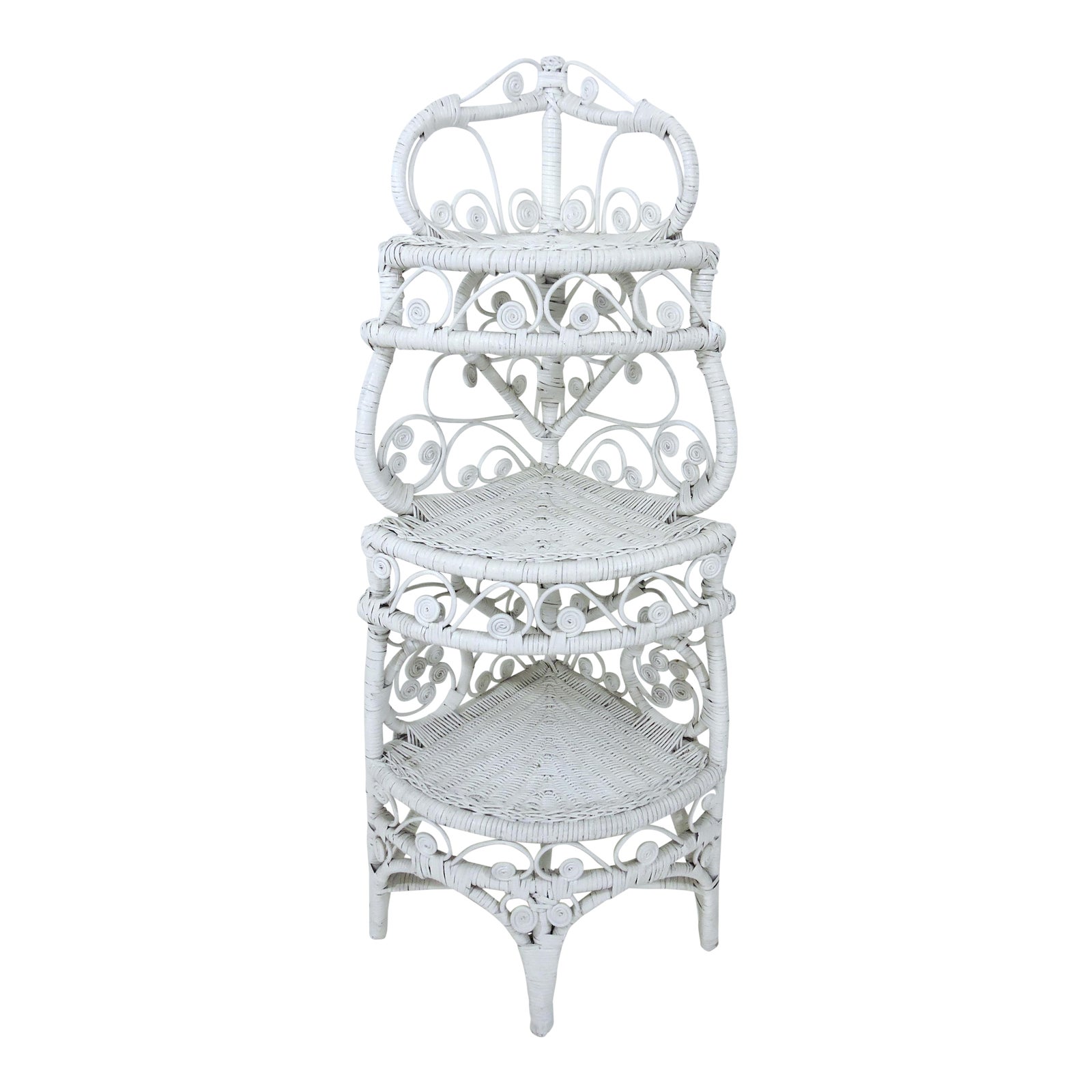 Vintage Heywood Wakefield White Wicker Three Tier Etagere, Corner Shelf