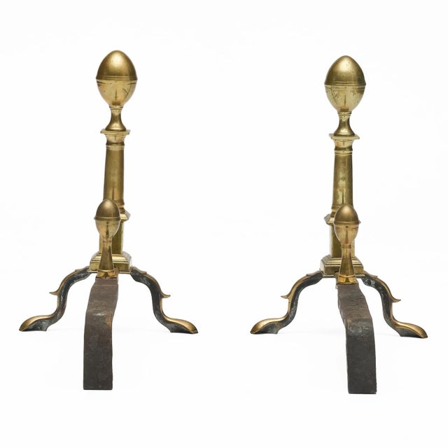 American Tall Antique 18th Century Boston American Federal Column Form Brass Andirons With Lemon Top Finials Circa 1790 - A Pair For Sale - Image 3 of 5