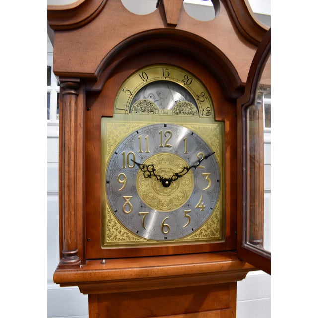 Colonial Cherry Grandfather Clock Vintage Moon Dial Triple Weights Chime For Sale - Image 9 of 18