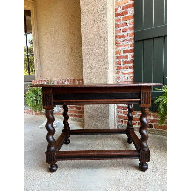 Antique English Sofa Side Table Barley Twist Ebonized Library Desk Carved Oak For Sale - Image 4 of 12