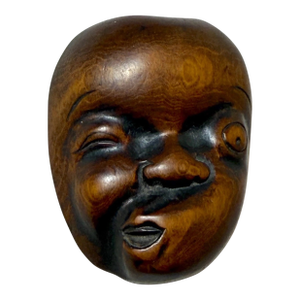Antique Japanese Hand Carved Boxwood Netsuke Noh Mask Hyottoko Sculpture
