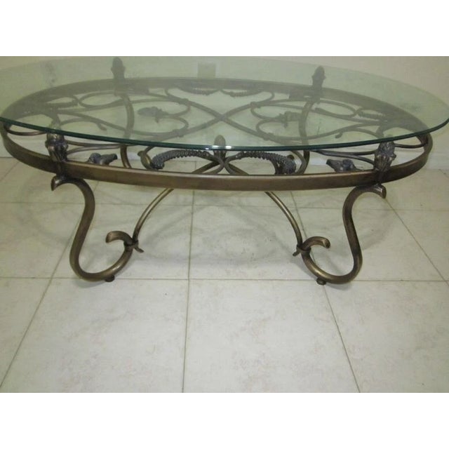 Italian 1990s Oval Metal Coffee Table Italian Style Ornate Glass Top For Sale - Image 3 of 8