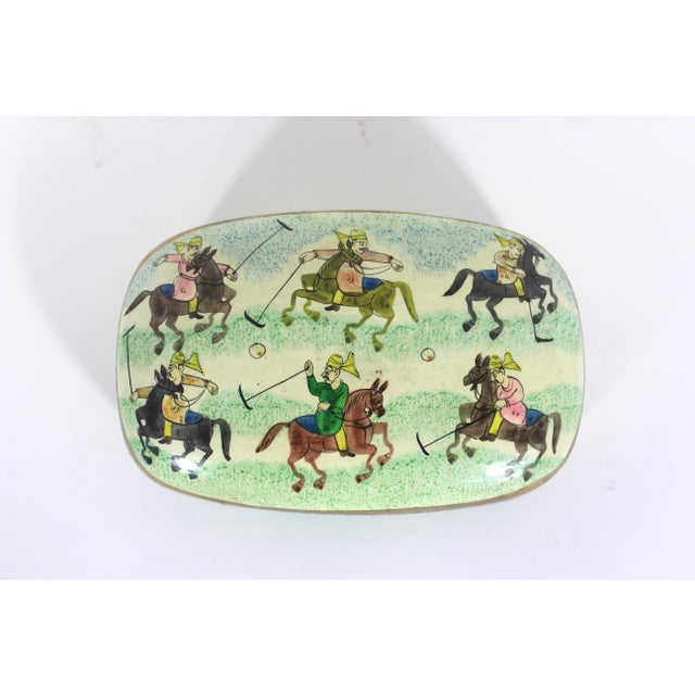 Paper Vintage Hand Painted Kashmir Trinket Box With Horses Polo Gold Handmade in India, Papier Maché, Paper Mache, Jewellery, Jewelry For Sale - Image 7 of 10