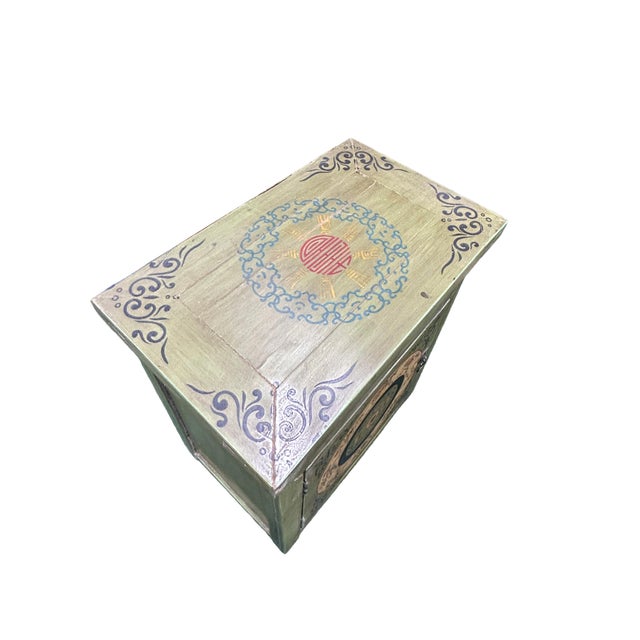 Distressed Sage Green Floral Graphic End Table Nightstand For Sale In San Francisco - Image 6 of 7
