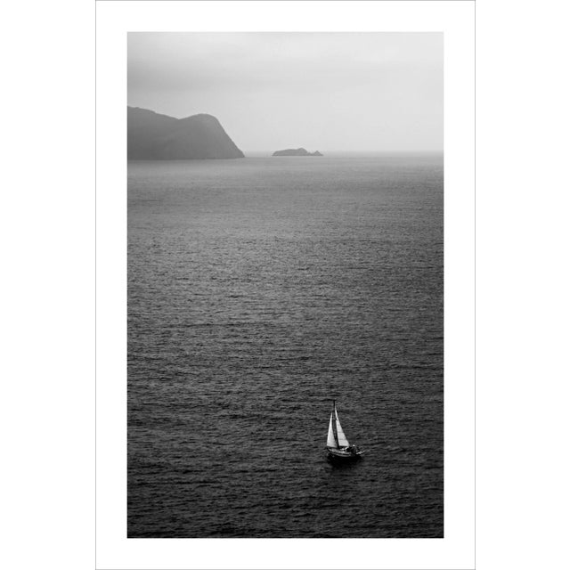 "Misty Sailboat Journey" Contemporary Nautical Seascape Black and White Giclée Print For Sale