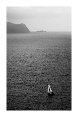 "Misty Sailboat Journey" Contemporary Nautical Seascape Black and White Giclée Print