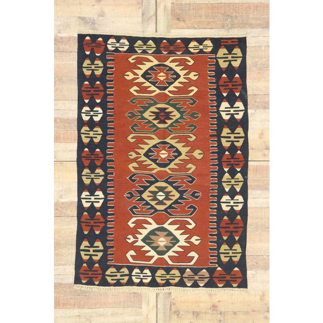 Brick Red Vintage Persian Shiraz Kilim Rug - 03'09 X 05'07 For Sale - Image 8 of 9