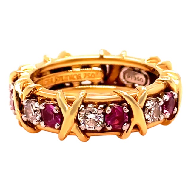 Tiffany & Co. Platinum Schlumberger Diamond & Sapphire Ring 1.34ct 7.1g, Size 5.5 For Sale