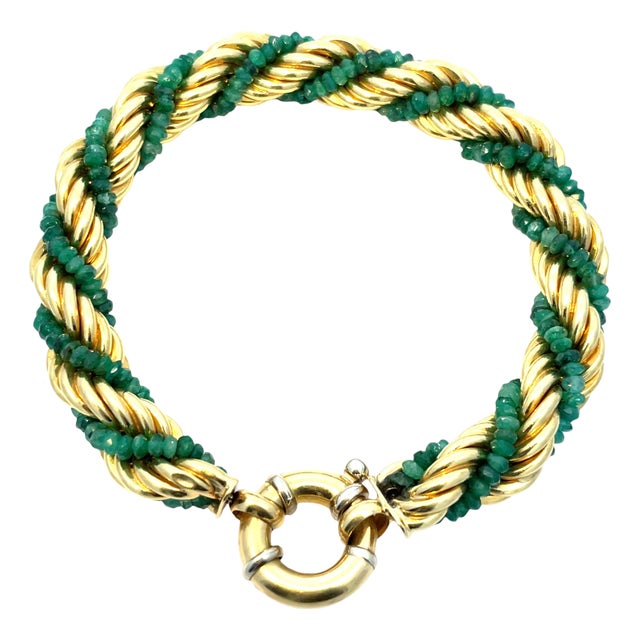 18k Yellow Gold Rope Bracelet With Emerald Beads For Sale