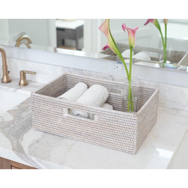 White Artifacts Rattan Rectangular Shelf Basket with Side Handles in White Wash - 16" For Sale - Image 8 of 9