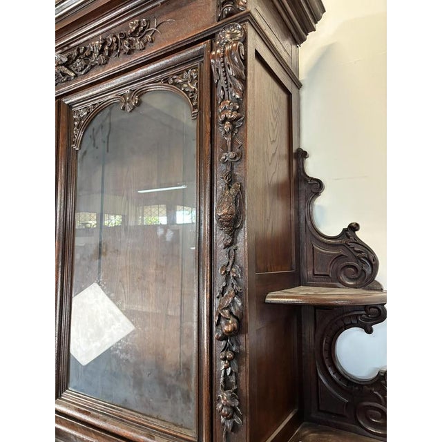 Brown Henri II Style 2-Body Hunting Buffet in Carved Oak with Glass Top For Sale - Image 8 of 10
