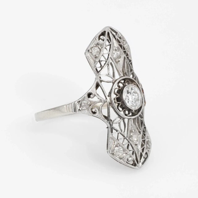 Art Deco Early 20th Century Antique Deco Diamond Filigree Ring Vintage 14 Karat Gold size 5 For Sale - Image 3 of 6