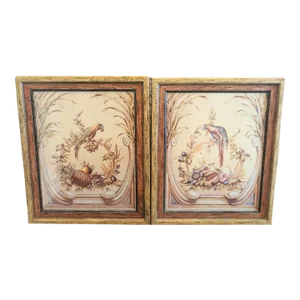 Large Framed Colorful Yellow Rust Floral Scroll Parakeets Wall Art Prints- a Pair