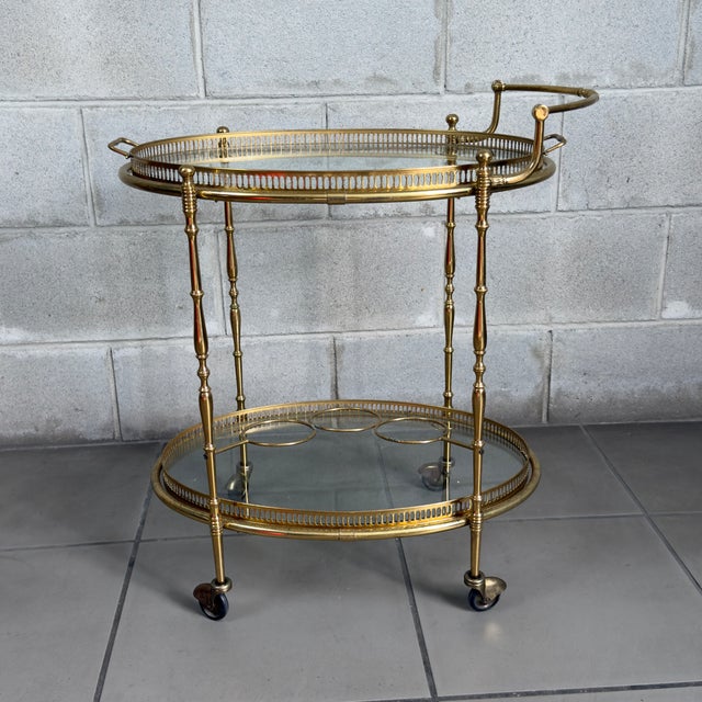 Vintage Brass Glass Food Cart in the style of Maison Jansen, 1960s For Sale - Image 10 of 15
