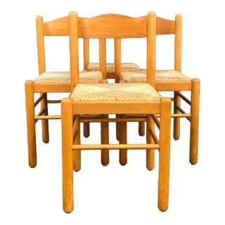 1960s Modern Blonde Wood + Woven Jute Dining Chairs - Set of 4 by Charlotte Perriand For Sale