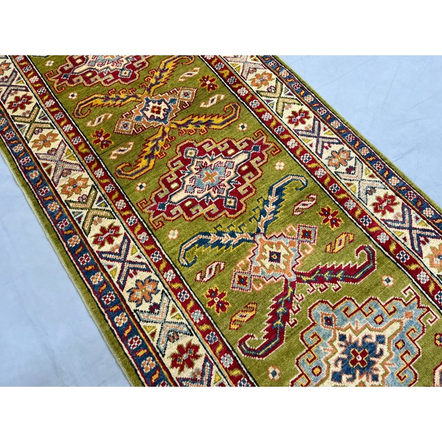 Olive Green, Red and Cream Kazak Wool Runner Rug, 2'11" X 9'9" For Sale - Image 4 of 18