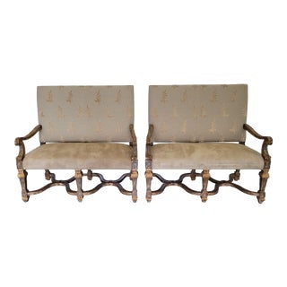Pair of Century Furniture Baroque Parcel Gilt High Back Benches With Arms For Sale