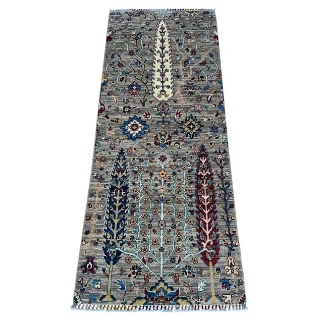 English Hand-Knotted Cypress Tree of Life Runner With Palmettes in Grey, 2'9" X 6'11" For Sale - Image 3 of 9