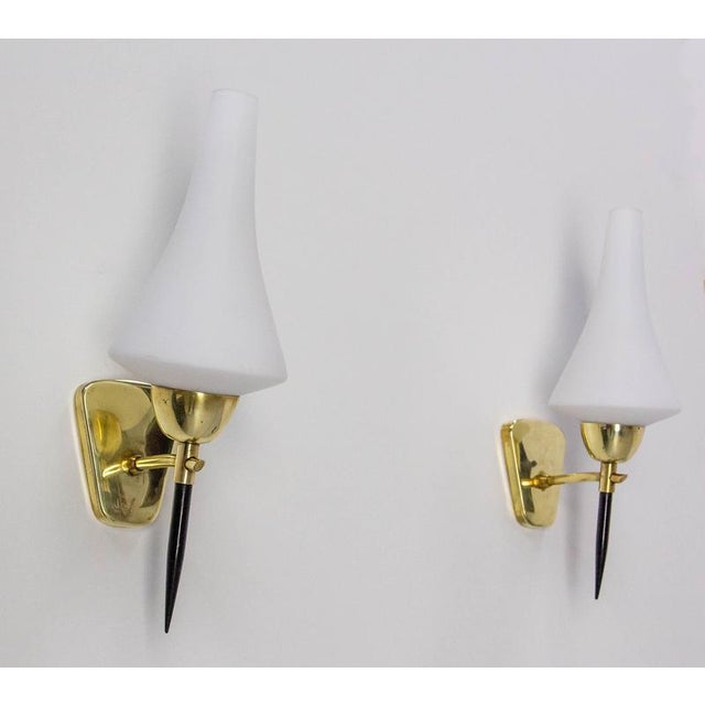 White Glass and Black & Golden Chrome Sconces in the style of Arlus, France, 1950s, Set of 2 For Sale - Image 9 of 12