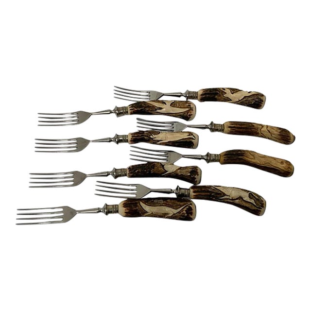 Vintage German Hand-Carved Stag Antler Hunting Dinner Forks - Set of 8 For Sale