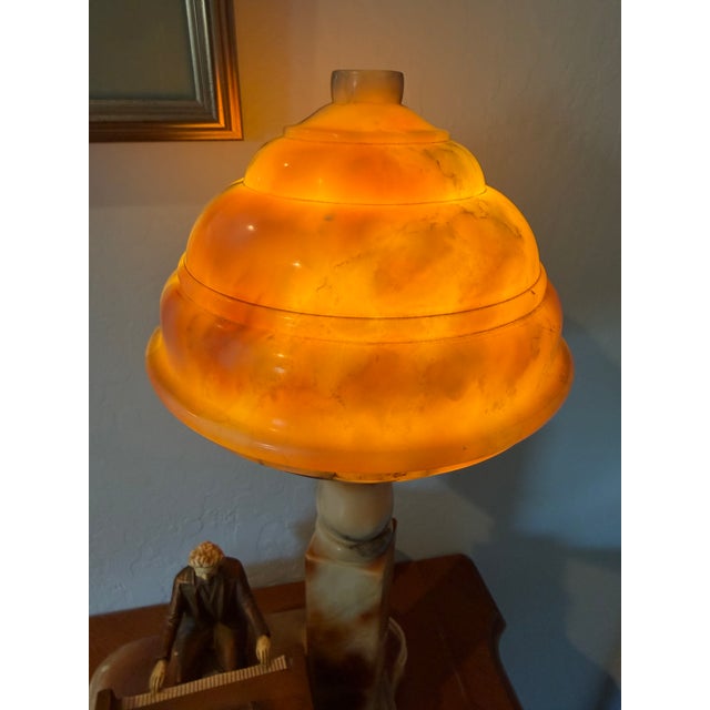 Antique Art Deco Alabaster Beehive Lamp With Spelter Pianist Figure For Sale In San Francisco - Image 6 of 10