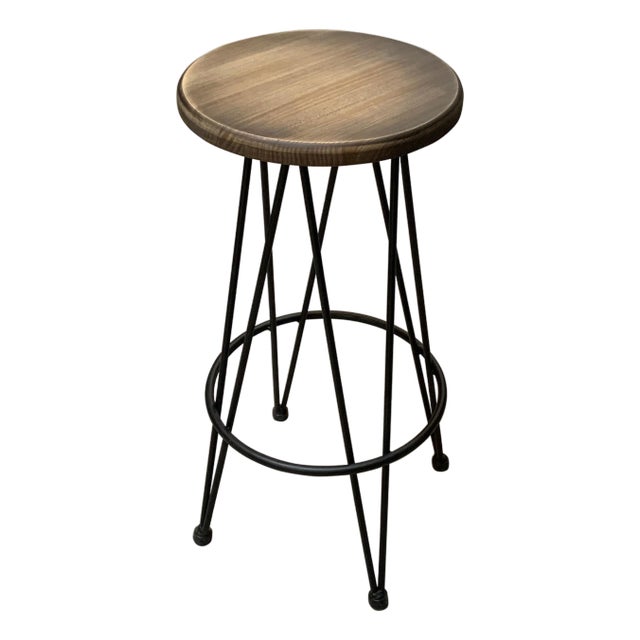 New Industrial Wrought Iron Shop Stool with Wood Seat For Sale