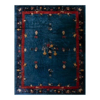 1920s Blue Vase Floral Antique Chinese Peking Rug 9' 1'' X11' 6'' Handknotted Wool Carpet For Sale