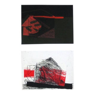 Abstracted Duel Image 1989 Red and Black Litho & Chine Colle For Sale