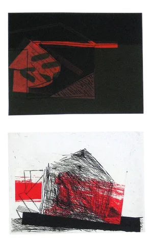 Abstracted Duel Image 1989 Red and Black Litho & Chine Colle