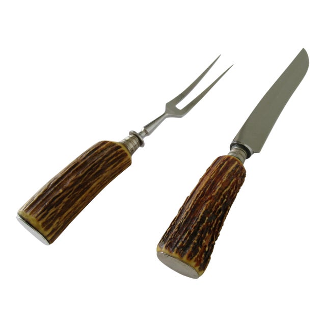 Vintage Solingen Germany Stag Handled Cutlery Serving Knife & Fork - 2 Pcs. For Sale