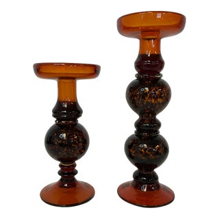 1970s Tortoises & Amber Candle Holders for Both Taper or Pillar Candles - a Pair For Sale