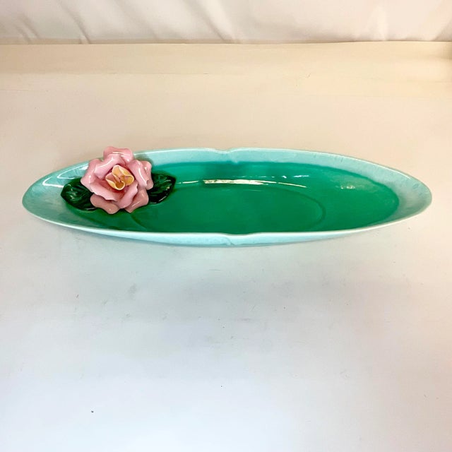 Aqua 1940s Art Deco Boho Chic Usa Pottery Oblong Trompe L’Oeil Rose Serving Dish. For Sale - Image 8 of 10