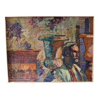 1990s Anthony Ferrara Expressionist Oil Painting of a Man Between Urns, Framed For Sale
