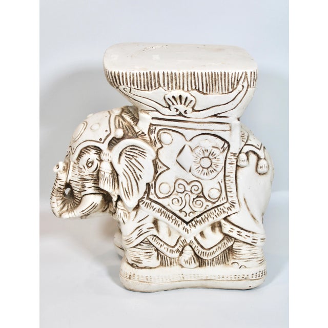 Vintage Boho Chic Ceramic White Elephant Garden Stool For Sale - Image 9 of 10