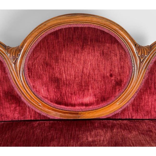Burgundy Antique Victorian Carved Walnut Triple Back Cranberry Velvet Settee For Sale - Image 8 of 18