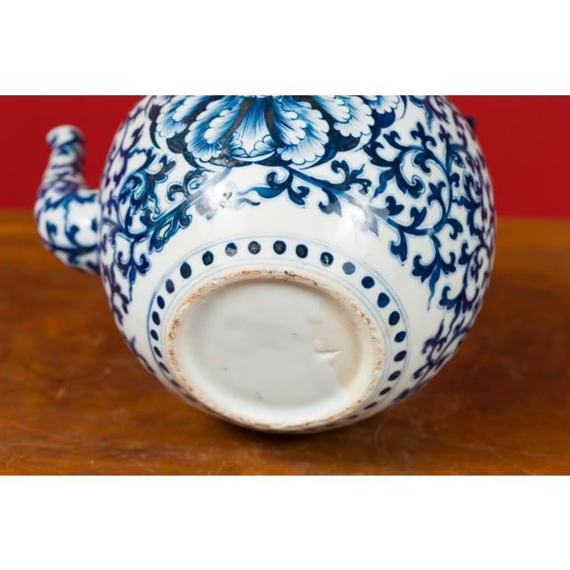 Chinese Vintage Blue and White Porcelain Teapot with Scrolling Foliage