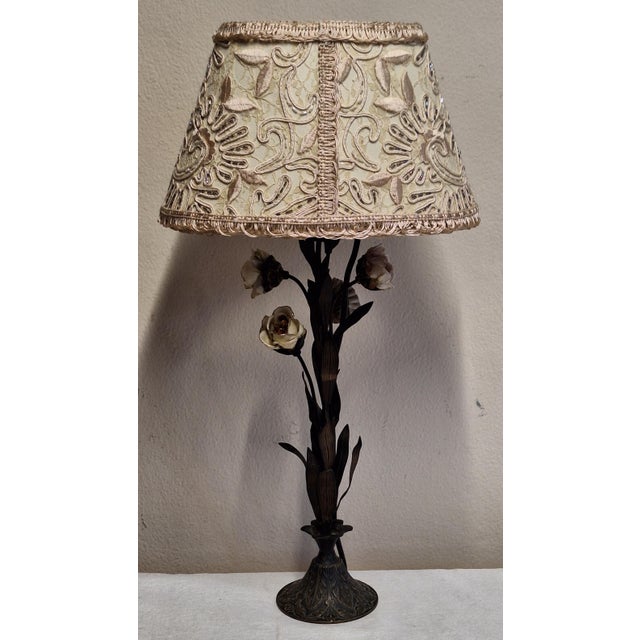 Art Deco French Table Lamp with Metal Frame, Porcelain Flowers, and Fabric Shade, 1930s, in Very Good conditions. Designed...