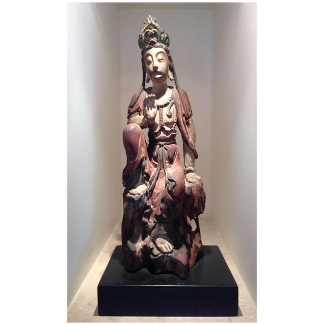 19th Century Pair of Chinese Wood Statues of Bodhisattva Buddhism Art For Sale - Image 5 of 10