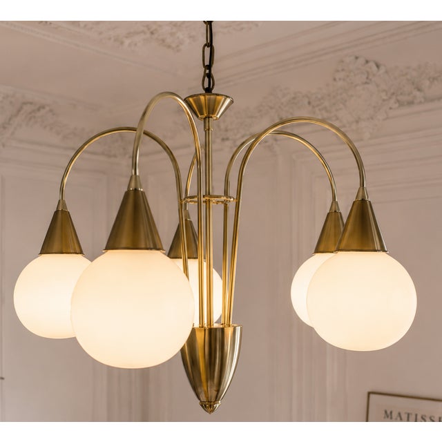 Metal Brass and Opaline Glass 5-Light Chandelier from Honsel Leuchten, Germany, 1970s For Sale - Image 7 of 18