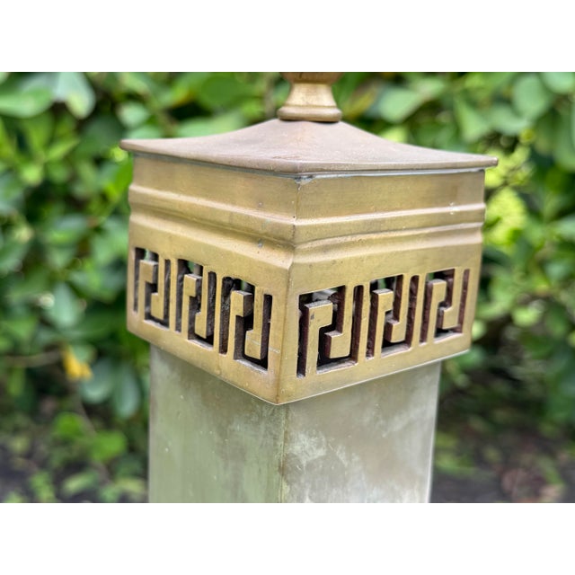 Silver Vintage Greek Key Geometric Brass Table Lamp With Linen Shade For Sale - Image 8 of 12