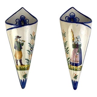 Mid-20th Century Set of French Henriot Quimper Tin-Glazed Faience Wall Pocket Vases For Sale