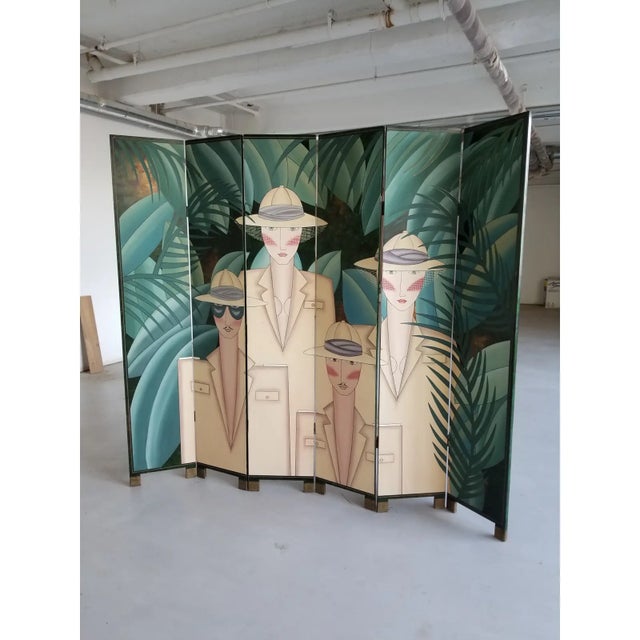 This screen is spectacular! It doesn't get more 80's chic then this. Six panels of carved black lacquer painted with a...