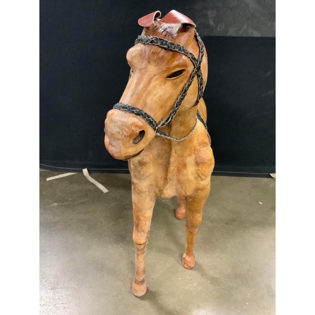 Animal Skin Vintage 1950s Tall Brown Leather Standing Horse Sculpture For Sale - Image 7 of 11