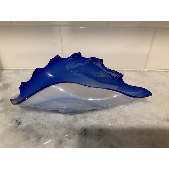 Cobalt blue and opalescent iridescent white abstract art glass bowl. Cool ocean wave vibes.