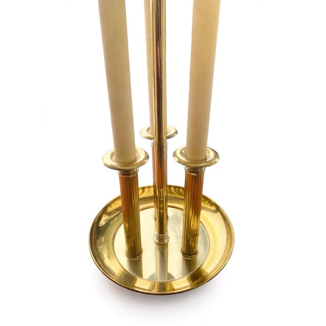 Stiffel Set of 2 Vintage Brass Bouillotte Pair Table Lamps 3 Arm Candelabra Lamp With Pleated Shades Hollywood Regency For Sale - Image 4 of 12